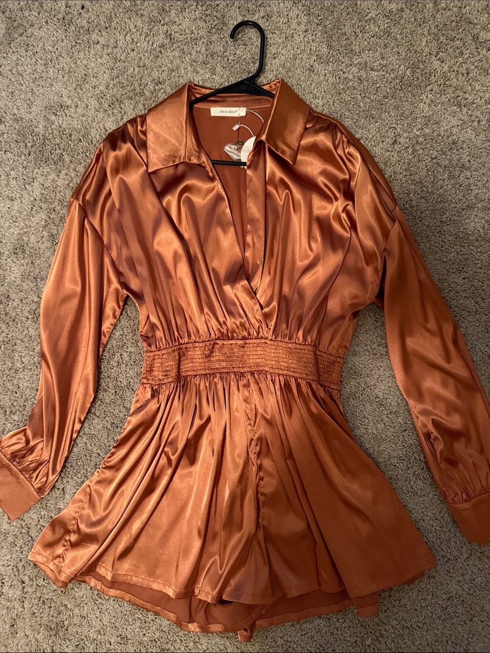Rust Satin Long-Sleeve V-Neck Romper